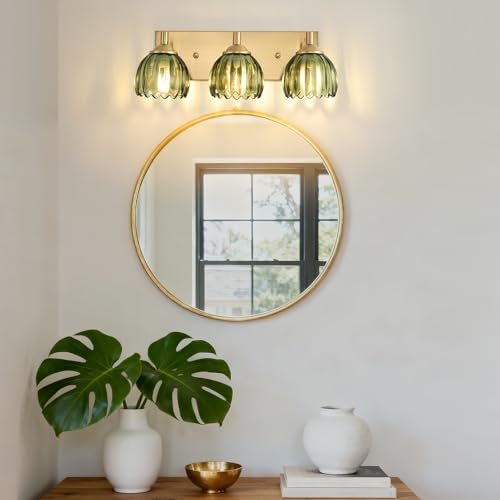 Image of Bathroom Vanity Light Fixtures, 3-Light Brushed Gold Bathroom Light Fixtures Over Mirror, Antique Wall Lights with Green Glass Tulip Light Shade for Mirror, Kitchen, Hallway, Cabinet, Porch