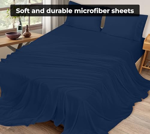 Image of Royale Linens 2 Pack Bulk Flat Sheet Set - Top Sheets - Soft 1800 Microfiber - Wrinkle & Stain Resistant - for Hotel, Massage Table, Hospital, Dorm - Twin XL Flat Sheet Sold Separately (Twin Xl, Navy)