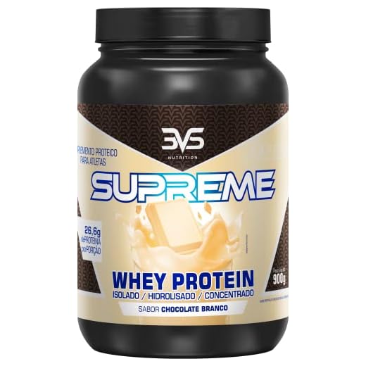 Whey Supreme 3W 900g - 3VS Nutrition - Sabores Baunilha, Chocolate, Chocolate / Morango, Cookies and Cream, Swiss Crunchy Chocolate. Rápida absorção, ganho e manutenção de massa muscular. Isolado, Hidrolisado, Concentrado. 28 gramas de proteína por porção. Muito saboroso, gourmet, textura cremosa (Chocolate Branco)