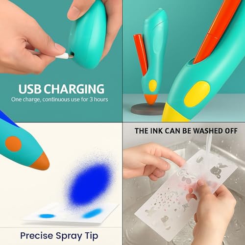 Image of GRAPHENE Spray Art Graffiti Pen Drawing Electric Airbrush Sprayer Marker Set 12 Colours Electric Cordless Rechargeable Airbrush Blow Pen Washable Watercolor Spray Paint Stencils for Kid Gift
