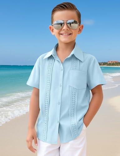 Image of Boys Guayabera Shirt Short Sleeve Button Down Casual Linen Shirt with Pockets for Summer Hawaiian Holiday 4-13Y