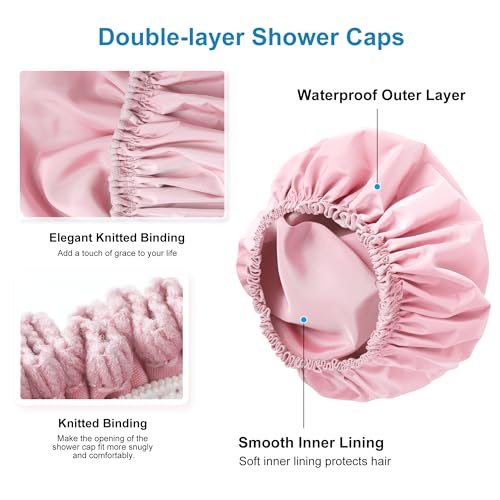 CHFONG Shower Cap for Women, Double Layer Waterproof Bath Cap, Reusable Hair Protector, Large Waterproof Shower Bonnet Washable Elastic Band Bath Hair Hat for Long Hair, Braids, - Pink