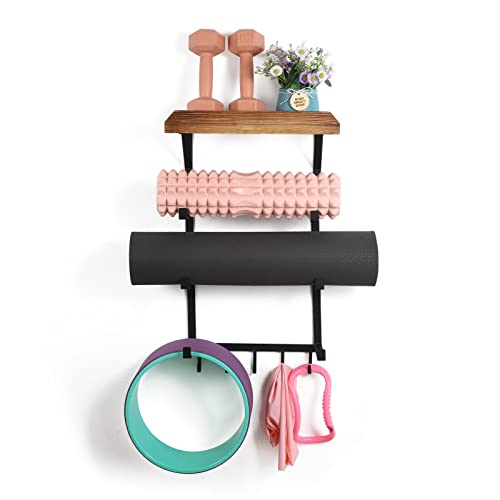 DOCMON Yoga Mat Holder Wall Mount,17" x 28" Yoga Mat Rack Home Gym Accessories, Storage for Foam Roller, with Wood Floating Shelves and 5 Hooks for Hanging Yoga Strap and Resistance Bands - Thumbnail 4