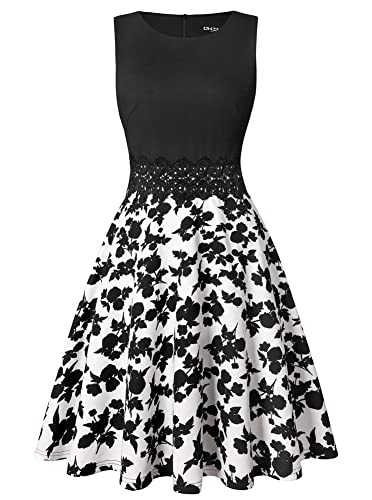Owin Women'S Vintage Floral Lace Flared A-Line Swing Casual Party Cocktail Dresses Sleeveless Black White Floral L thumb #2