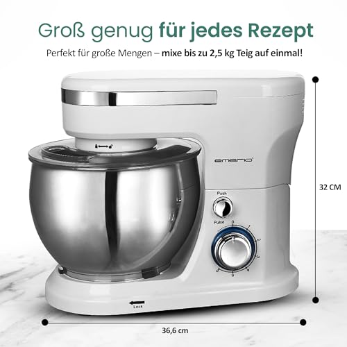 EMERIO Robot kuchenny Miska ze stali nierdzewnej o pojemności 5 l + 3 narzędzia do mieszania + osłona rozpryskowa z otworem do napełniania, moc 1000 W, 6 prędkości + Pulse Retro KM-123117