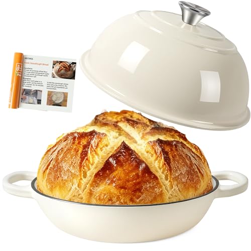 AHJ Dutch Oven 26cm / 5.7L Enameled Cast Iron - Sourdough Bread & Casserole Dish (White)