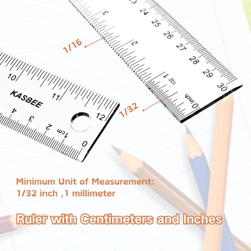 Plastic Ruler 12 inch, Clear Rulers with Hanging Holes, Inches, Centimeters, Millimeters, Straight Measuring Tools for Students, School and Office, Pack of 2