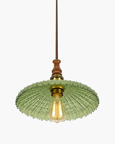 Image of Homesake Botanica Pendant Lamp | Petal Scalloped Glass Hanging Light with Solid Wood Top | Vintage European Ceiling Fixture, Pendant Light for Home Decor, Hallway, Kitchen & Balcony, (Ripple, Green)