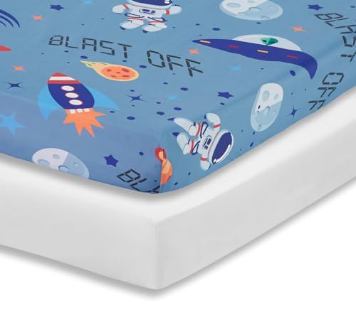 Image of Everyday Kids 2 Pack Fitted Boys Crib Sheet, 100% Soft Breathable Microfiber Baby Sheet, Fits Standard Size Crib Mattress 28in x 52in, Nursery Sheet - Space /White