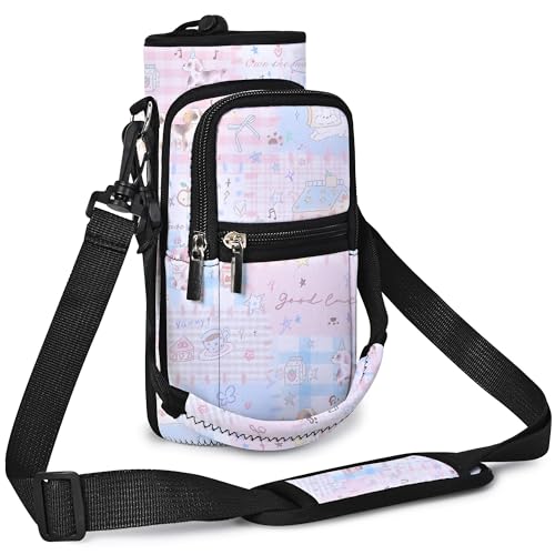 AUPET Water Bottle Sling Bag Sleeve Holder Carrier 25/32/40/64 oz,Insulated Crossbody Water Bottle Case Cover with Strap and Pockets for Men/Women Walking Hiking (Lucky Dogs, 32oz)