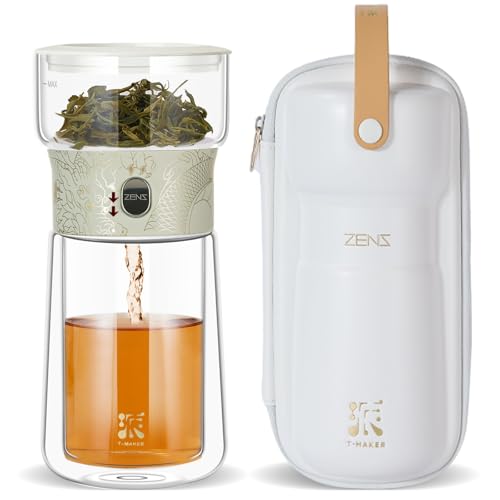 Image of ZENS Cool Glass Teapot with Infuser, Smart One Touch Tea Maker for Loose Tea Diffusers with Insulated Mug and Portable Tea Kits, Enchanted Teapot Alternatives for Tea Lover Gifts