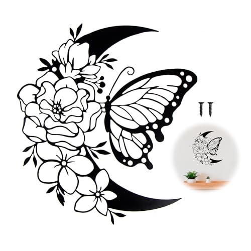 momgyaamz Papillon Décoration Murale En Métal Salon Fer, La Lune Et Le Papillon Noir Fresques，Grande Tenture D'art Pour Les Salons Et Les Chambres à...
