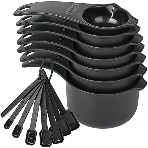 SUNMVEHOT Plastic Measuring Cups and Spoons Set, 7 Plastic Measuring Cups and 7 Plastic Measuring Spoons with 1 Leveler, Engraved Both US &Metric Plastic Measuring Cups Spoons for Kitchen&Baking Black