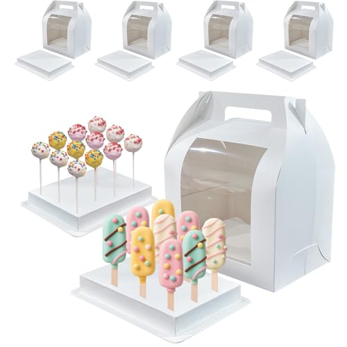 Hzzycaxli 4 Pack Portable Cake Pop Holder Boxes Cake Pop Boxes Packaging Cake Pop Display Stand with Clear Window white Cakesicle boxes