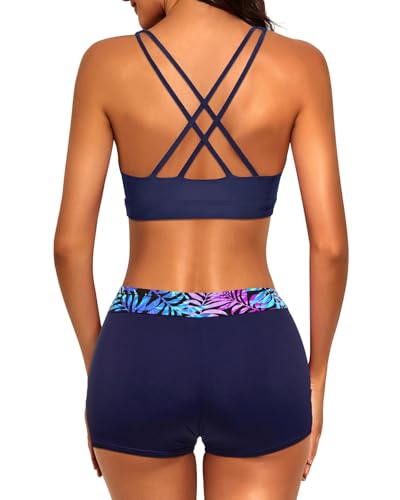 Image of 3 Piece Tankini Long Sleeve Swimsuits Athletic Rash Guard Bathing Suits | Modest,Full Coverage,High Waisted Short,Quick Dry,Criss Cross Back