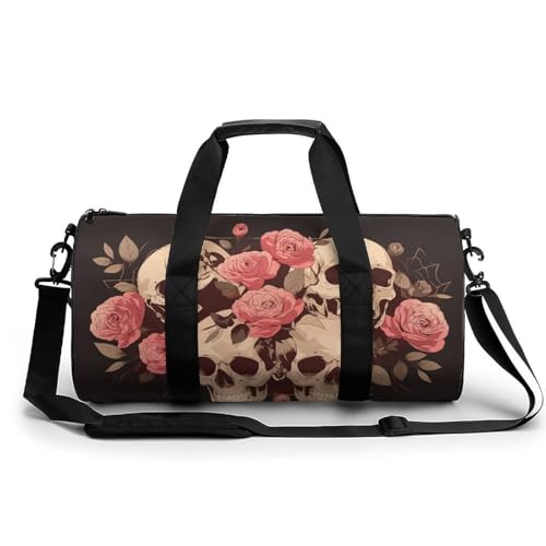Large Skulls Pink Roses Travel Gym Bag for Women Men Cylindrical Duffle Bag Sport Workout Bag with Shoulder Strap