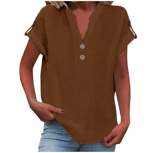 Camisa Sin Mangas Tallas Grandes Mujer De Y Lino con Botones Primavera Verano Color Blusa Cuello En V Camiseta Elegante Top Casual Shirts Café S
