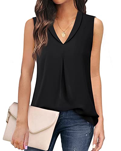 Gaharu Black Blouses For Women Tunic Sleeveless Blouses Dressy Casual Collared Cool Tank Tops Soft Chiffon V Neck Lapel Blouses Shirts Black,Xl #TOP12