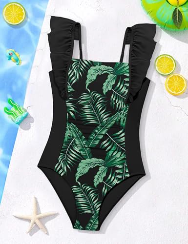 Image of NECIOUS Girls Swimsuit Size 8-10 One Piece Bathing Suits Size 8 10 Ruffle Adjustable Straps Black Green Kids Girls' Swimwear