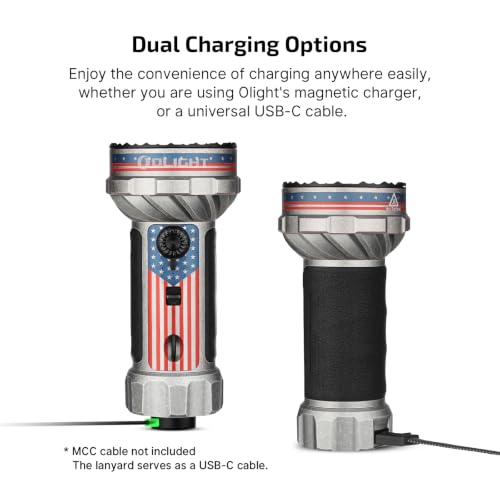 Image of OLIGHT Marauder Mini 2 Bright Flashlight 10,000 Lumen with 750 Meters Beam Distance, Rechargeable Light with Dual Charging & 5 Lighting Modes for Outdoor, Camping, Emergencies (Stars&Stripes Edition)
