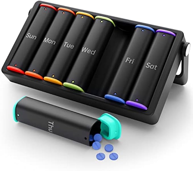 Weekly Pill Organizer 2 Times a Day, KOVIUU Large Travel Pill Box 7 Day, Am Pm Daily Pill Case with Rotatable Handle, Pill Holder Container for Vitamin, Medicine, Supplement, Fish Oil, Black