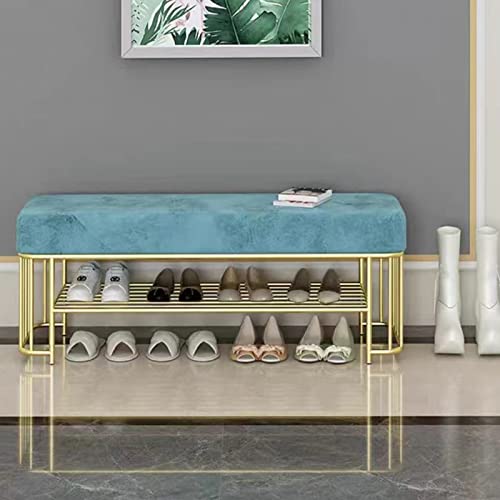 ZHANGshouf Banco Zapatero tapizado, Zapatero de Metal con 2 estantes, Banco de Terciopelo con Zapatero para la Entrada, la Sala de Estar y el pie de Cama (80 x 35 x 45 cm, Azul A)