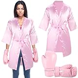 Chicingyou 2 Pcs Halloween Boxing Costume Set Breast Cancer Awareness XL Pink Satin Boxing Robe and Gloves for Adults Women's Boxer Outfit Cosplay Fight Night Party Attire
