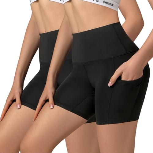 2 Packs Yoga Shorts for Women with Pockets, Spandex 5" Biker Shorts Workout Running Gym Cycling Volleyball