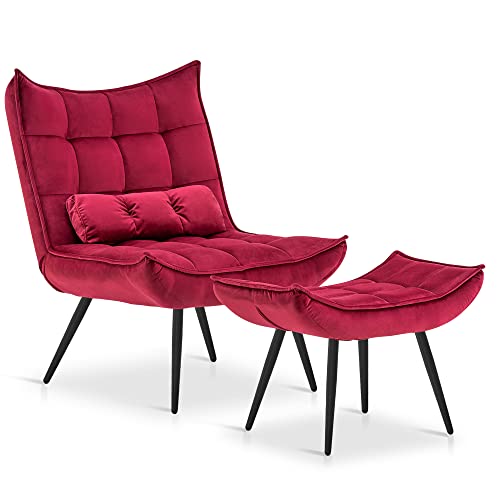 MCombo Accent Chair with Ottoman, Modern Velvet Wingback Lounge Chair, Upholstered Club Chair for Small Space, Living Room & Bedroom 4079 (1, Burgundy)