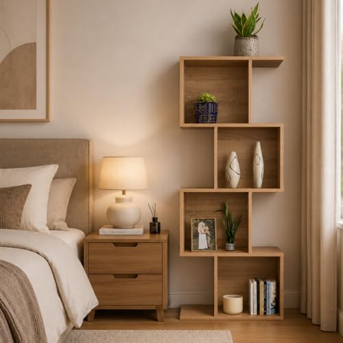 Image of Bookcase, Bookshelf, Freestanding Display Storage Shelves Open Bookcase for Bedroom, Small Bookshelf for Living Room and Office (Natural, S-Shaped)