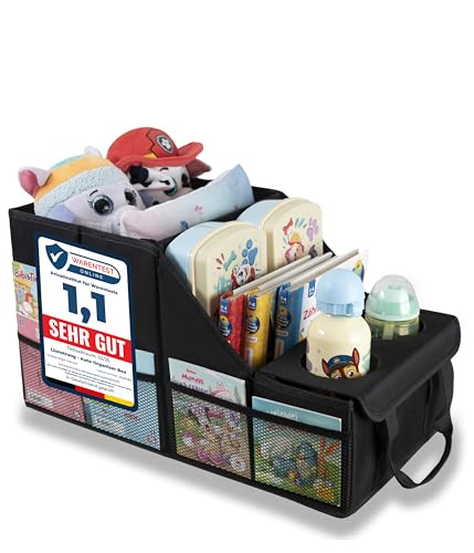 LIONSTRONG Auto Organizer [EXTREM STABIL DURCH KUNSTSTOFFPLATTEN] - Universeller Rückbank Organizer für den Rücksitz & Beifahrersitz - Ideal für den Urlaub viel Platz für Spielzeug - Wasserabweisend