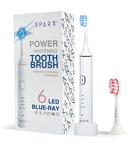 Cepillo de dientes eléctrico Power Whitening | Recargable | Ultrasónico con 2 cabezales de cepillo LED y 3 modos para blanquear, pulir y cuidar las encías (blanco)