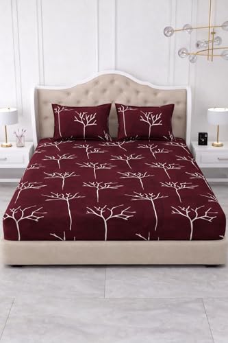 Image of 300 TC Cotton Feel Glace Cotton Elastic Fitted Bedsheet for King Size Double Bed | Fits up to 8 Inch Mattress | Printed Bedsheet with 2 Pillow Covers (Maroon Tree, King Size - 72 inchx78 inch)