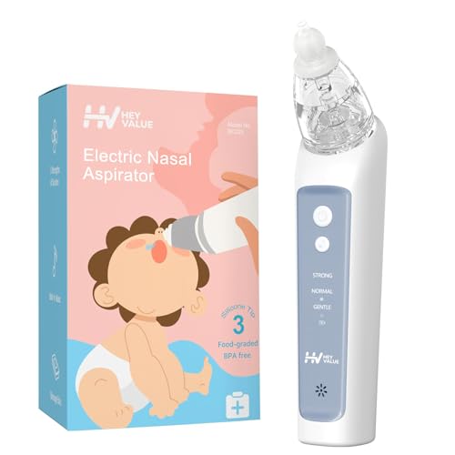 Image of HEYVALUE Nasal Aspirator for Baby, Electric Baby Nose Sucker, Automatic Nose Cleaner with 3 Silicone Tips, Adjustable Suction Level and Music Soothing Function