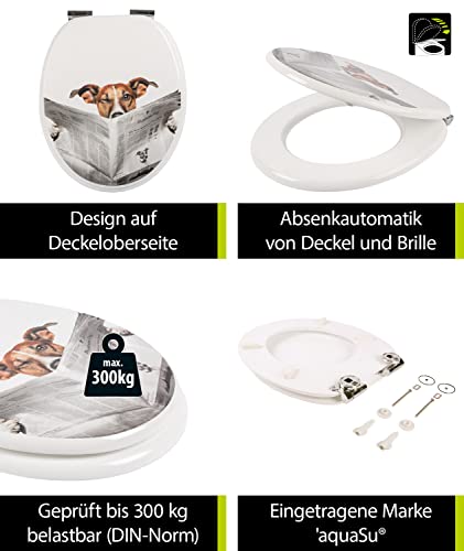 aquaSu® WC-Sitz mit Absenkautomatik, lustiges Dekor Lesestoff, Toilettensitz mit Holz-Kern & Fast Fix Schnellbefestigung, universale O Form, mit Metallscharnieren, Toilettendeckel witzig, 40264 4