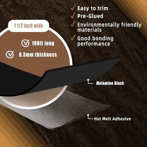 Image of GSCIT Club Black Edge Banding, 1 1 /2 Inch x 100ft Melamine With Hot Melt Adhesive Preglued Cabinet Flexible Black Veneer Edging