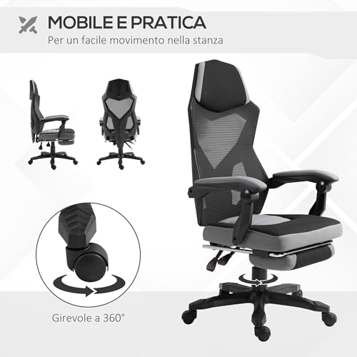 Sedia da Ufficio Ergonomica con Poggiapiedi Retrattile e Schienale Alto, Sedia da Scrivania Girevole Reclinabile con Supporto Lombare, Altezza Regolabile, in Tessuto a Rete, Grigio - Sedia gaming - Immagine 5