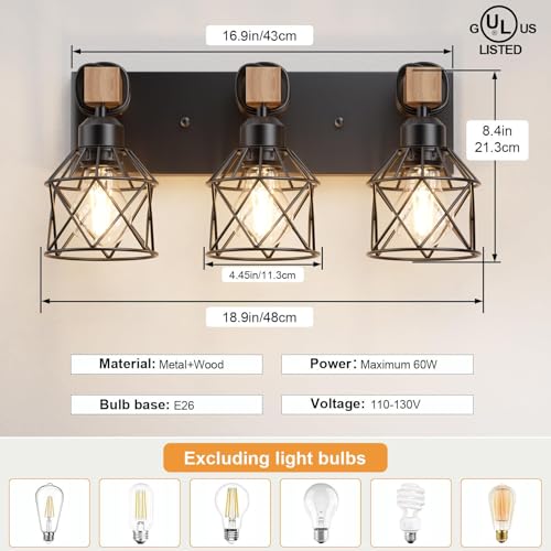 Image of Farmhouse Vanity Light for Bathroom, 3-Light Wood Bathroom Vanity Light Fixtures Over Mirror, Black Rustic Wall Sconce with Cage Metal Lampshade, Vintage Wall Lights for Bedroom, Living Room, Hallway