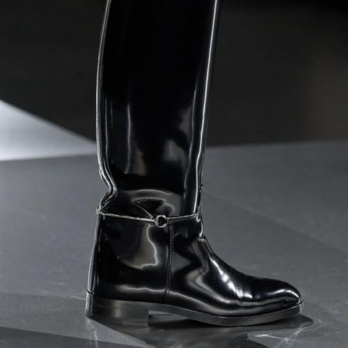 Women's Knee High Riding Boots - Pointed Toe Pull-On with Ankle Chain, Chunky 1" Heel & Patent Leather, All-Season Casual/Formal Dress Boots3