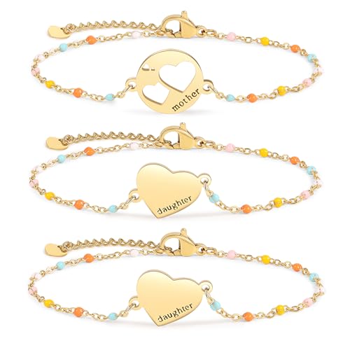 Image of DS Mother Daughter Bracelets Set,18K Gold Plated Stainless Steel Heart Jewelry for Women Girls,Mothers Day Gifts for Mom /Daughter,Adjustable Matching Bracelets for Mommy and Me gift box packaging