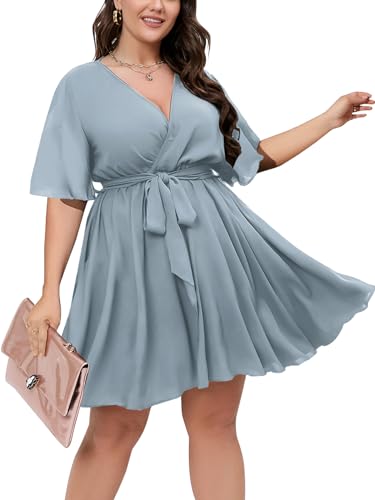Image of SCOMCHIC Women's Plus Size Summer Dresses Short Sleeve Wrap V Neck A Line Skater Mini Short Dress XL-4XL