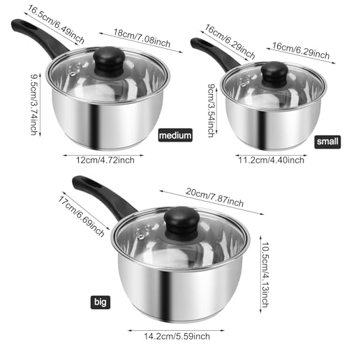 Stainless Steel Pot Set with Lid 6pcs,Sauce Pans 1QT & 2QT & 3QT Set,Triply Bottom Stainless Steel Pot Set by BSDLZCH - Image 3