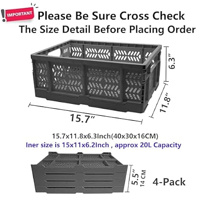 4-Pack Plastic Storage Crates,20L Foldable Baskets,Collapsible Crates, Baskets and Bins for Toys, Home Storage, Office Products, Christmas Gifts, Easter Eggs (Grey)