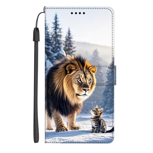 EuoDuo Kompatibel mit Samsung Galaxy A14 5G / A14 4G Hülle zum Klappen PU Leder Handyhülle Kartenfach Handytasche Tier Muster Klapphülle Magnetisch Schutzhülle Flip Cover - Löwe und Katze