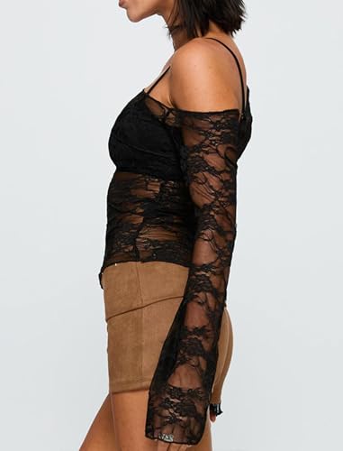 Womens Off The Shoulder Tops Lace Mesh Long Sleeve Going Out Shirts Crop Cute Y2K Fall Trendy 20253