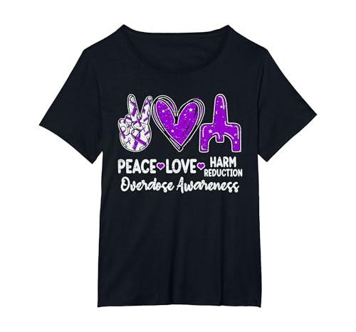 Peace Love Harm Reduction Overdose Awareness Ribbon Purple T-Shirt, Women's Plus, Black, 1X