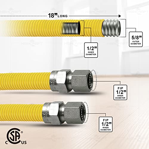 Gas Connector 18 Inch Yellow Coated Stainless Steel, 5/8” Od Flexible Gas Hose Connector For Gas Range, Furnace, Stove With 1/2” Fip X 1/2” Fip Stainless Steel Fittings, 18” Gas Appliance Supply Line #TOP1