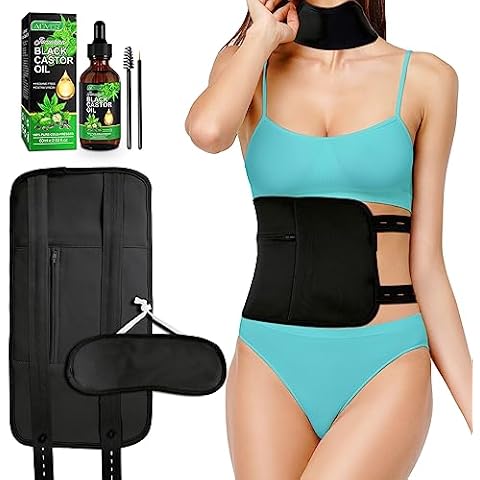 Castor Oil Pack, Reusable Castor Oil Packs Kit with Adjustable Elastic Strap, Organic Cotton Flannel and Soft Ties Comfort Sleep Fit, Massage Castor Oil Pack Wrap Set with 60ml Castor Oil- Black Cover