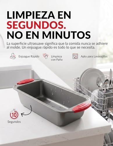 Miniatura 7 de Molde Para Horno- Acero Antiadherente, Boxiki Kitchen Molde Para Horno Antiadherente Profesional Para Hacer Pan De Plátano, Pastel De Carne, Bizcocho , Gris Con Rojo, 21.5 X 11.5 Cm