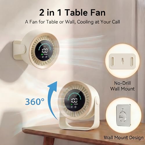 Image of Desk Fan with LED Digital Display, USB Rechargeable Quiet Desktop Fan, Touch Control Portable Mini Table Fan with 5 Speed Modes, 360Adjustable Tilt for Bedroom, Office & Home (Khaki)
